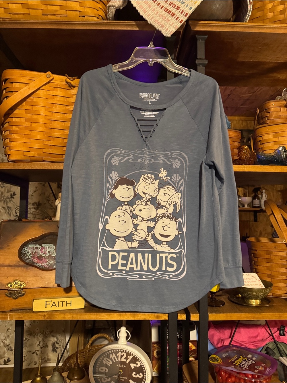 Peanuts Girls' Slate Blue Graphic Lace-Up Long Sleeve Top
